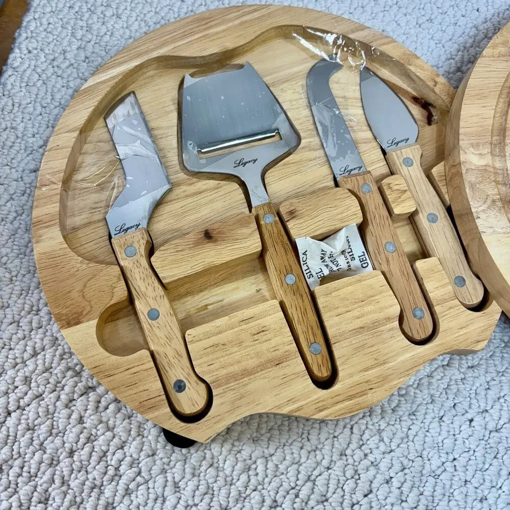 Legacy Picnic Time Cheese Board & Server Set 5 Piece Round Wood Tray 10.25